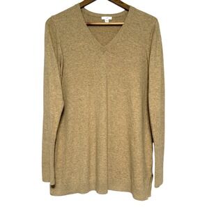 J. Jill Tunic Sweater Womens M Heather Tan V-Neck Soft Cotton Blend Side Slit